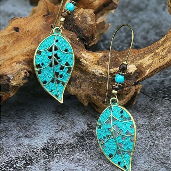 Islander Blue Leaf Earrings - Picture 2 of 3